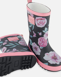 Printed Rain Boots Pink, Black, And Flowers - G30WB10_002