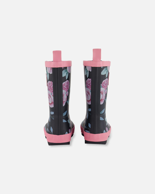 Printed Rain Boots Pink, Black, And Flowers - G30WB10_002