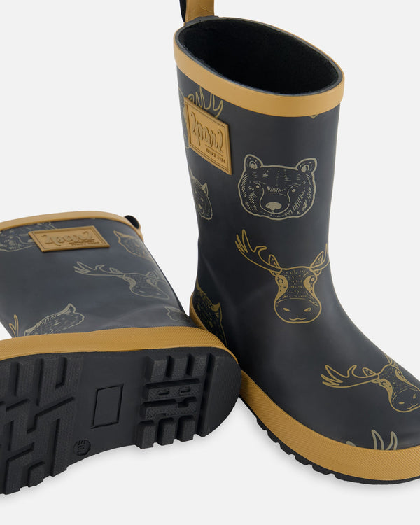 Printed Rain Boots Beige Animals On Black Background - G30WB10_017