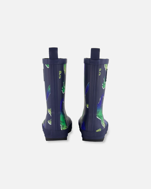 Printed Rain Boots Blue And Green Dino On Navy - G30WB10_022