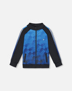 Printed Full Zip Athletic Cardigan Blue And Black - G30XB30_000