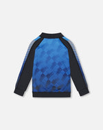 Printed Full Zip Athletic Cardigan Blue And Black - G30XB30_000