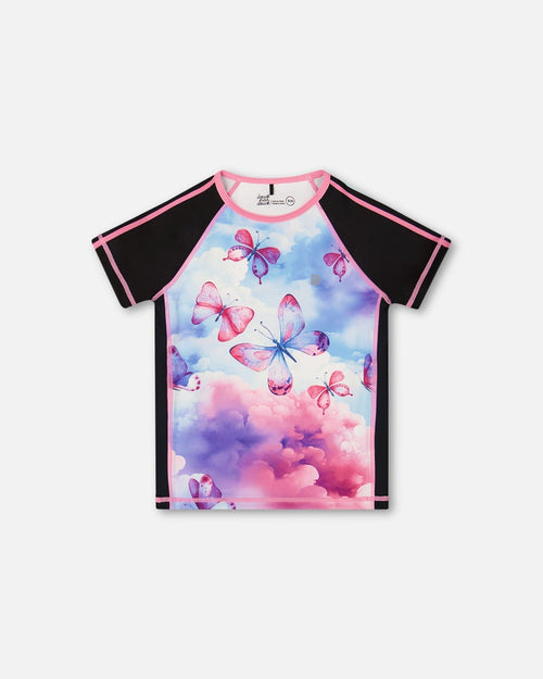 Printed Short Sleeve Athletic Top Pink, Black And Butterfly - G30XG71_009