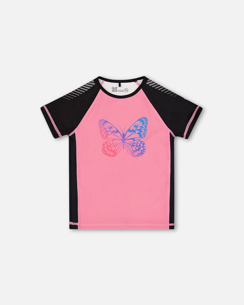 Printed Short Sleeve Athletic Top Pink With Butterflies - G30XG71_638