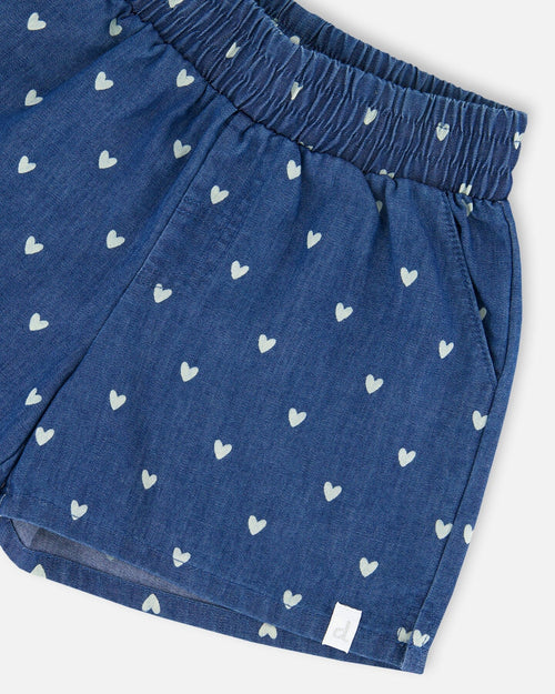 Printed Chambray Short Navy Blue And White Hearts - G30YG27_053