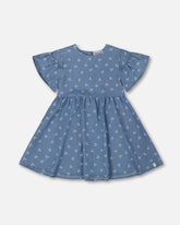 Printed Chambray Dress Blue And White Cherries