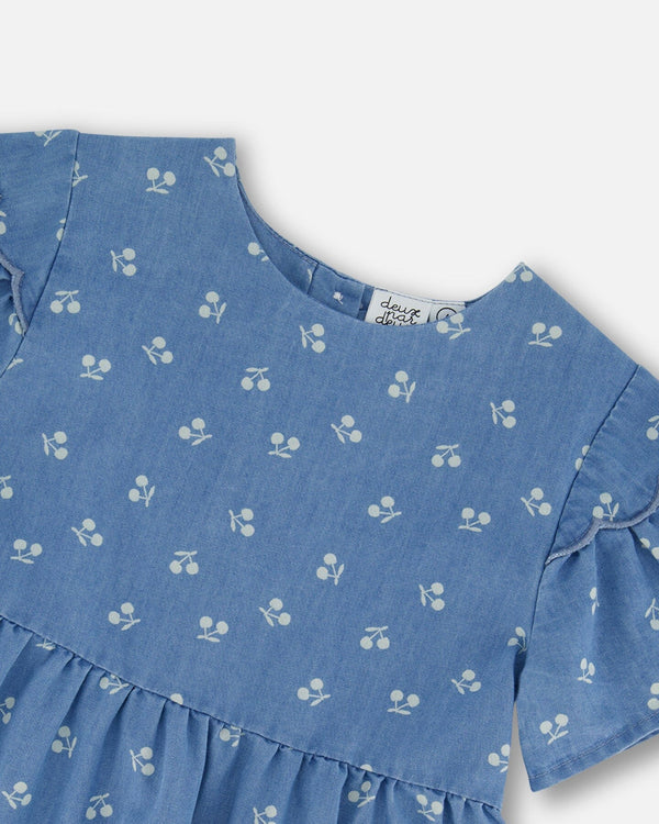 Printed Chambray Dress Blue And White Cherries - G30YG91_052