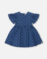 Printed Chambray Dress Navy Blue And White Hearts