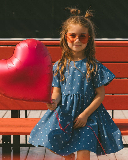 Printed Chambray Dress Navy Blue And White Hearts - G30YG91_053