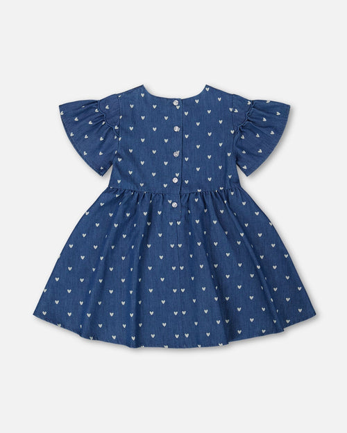 Printed Chambray Dress Navy Blue And White Hearts - G30YG91_053