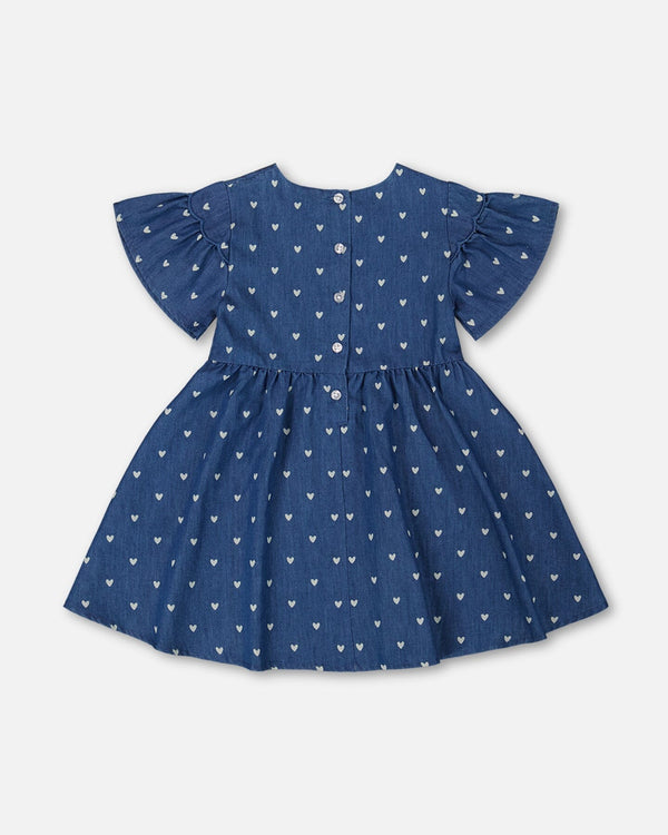 Printed Chambray Dress Navy Blue And White Hearts - G30YG91_053