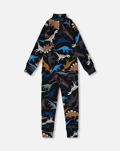 Two-Piece Thermal Underwear Seat Black Dinosaur Print - H10Y600_026