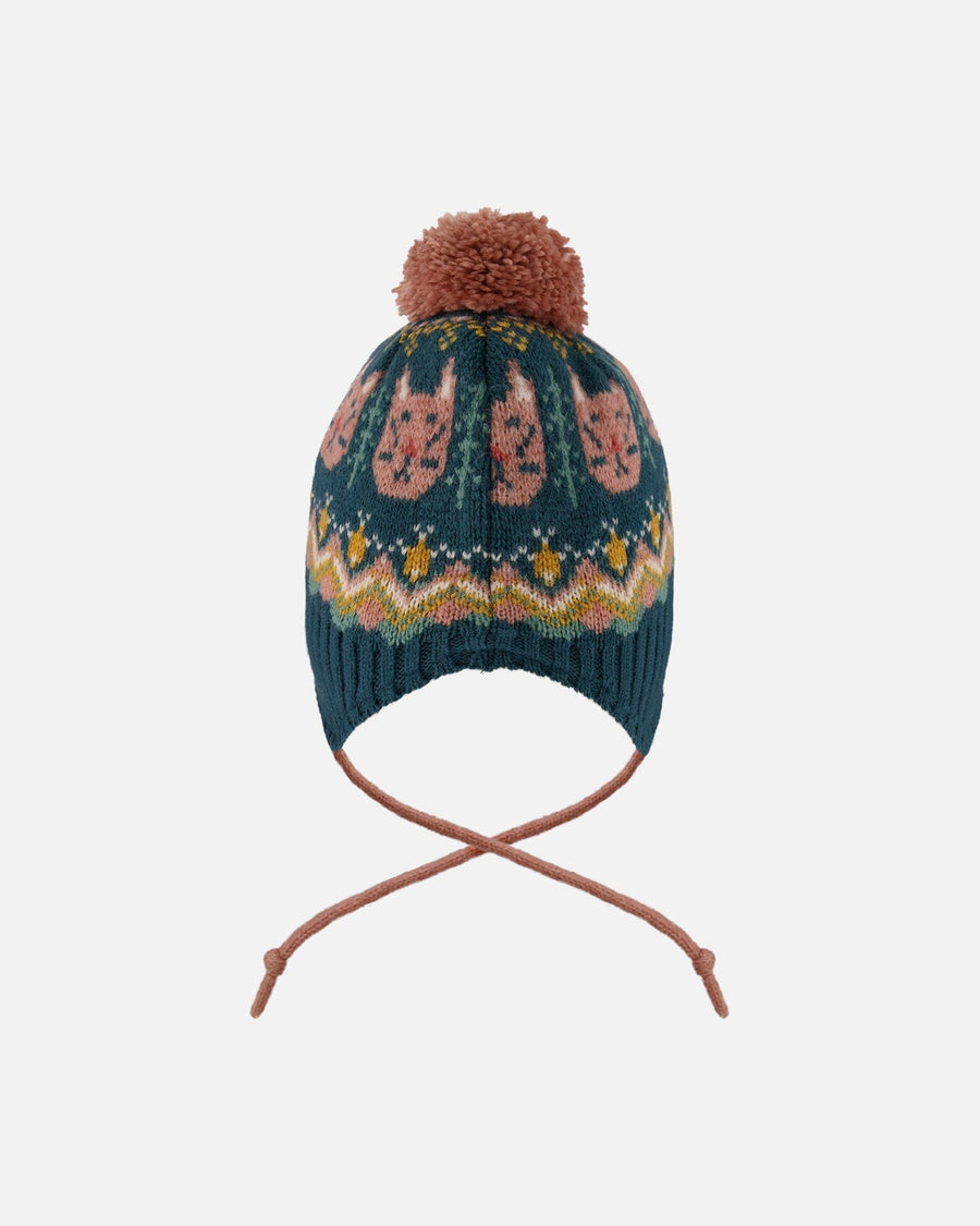 Lined Peruvian Knit Pompom Hat Green And Pink - H10Z11_000