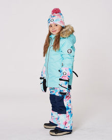 Lined Knit Pompom Hat Blue Flower Print - H10Z21_020