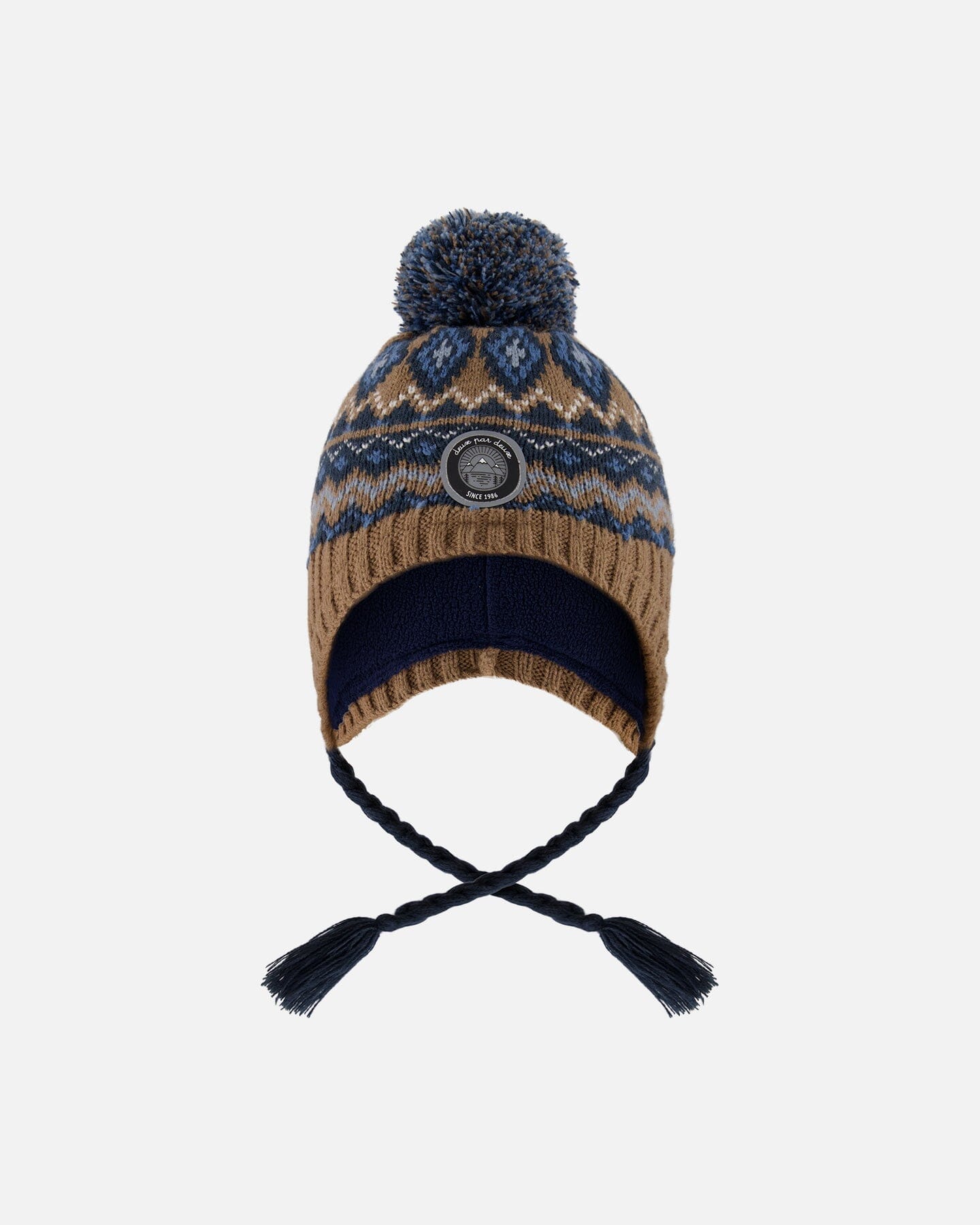 Lined Peruvian Knit Winter Hat With Pompom Taupe And Navy - Deux