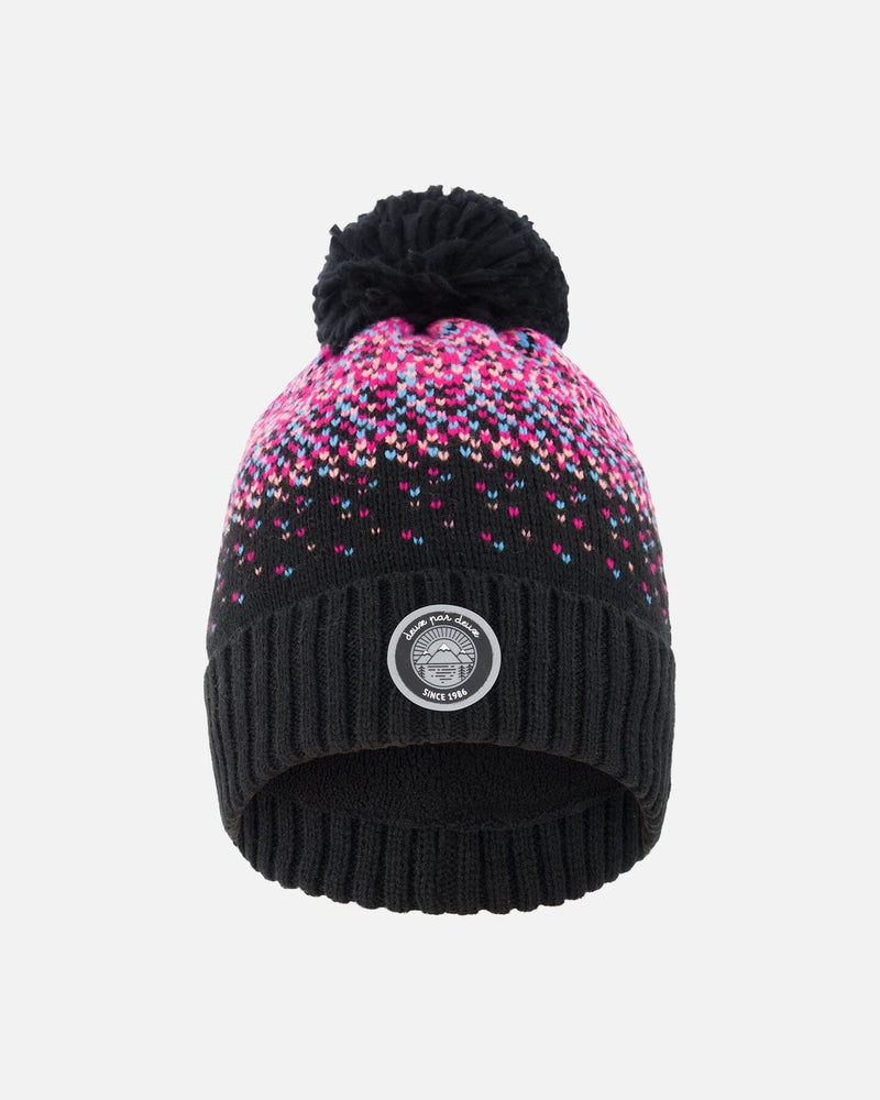 Lined Knit Pompom Hat Black And Pink - Deux par Deux display picture 1