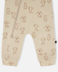 Organic Cotton Zipped Romper Beige Puppy Print - H20C42_050