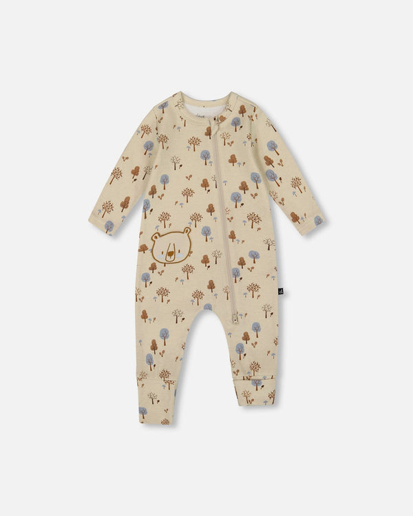 Organic Cotton Zipped Romper Beige Tree Print - H20D42_052