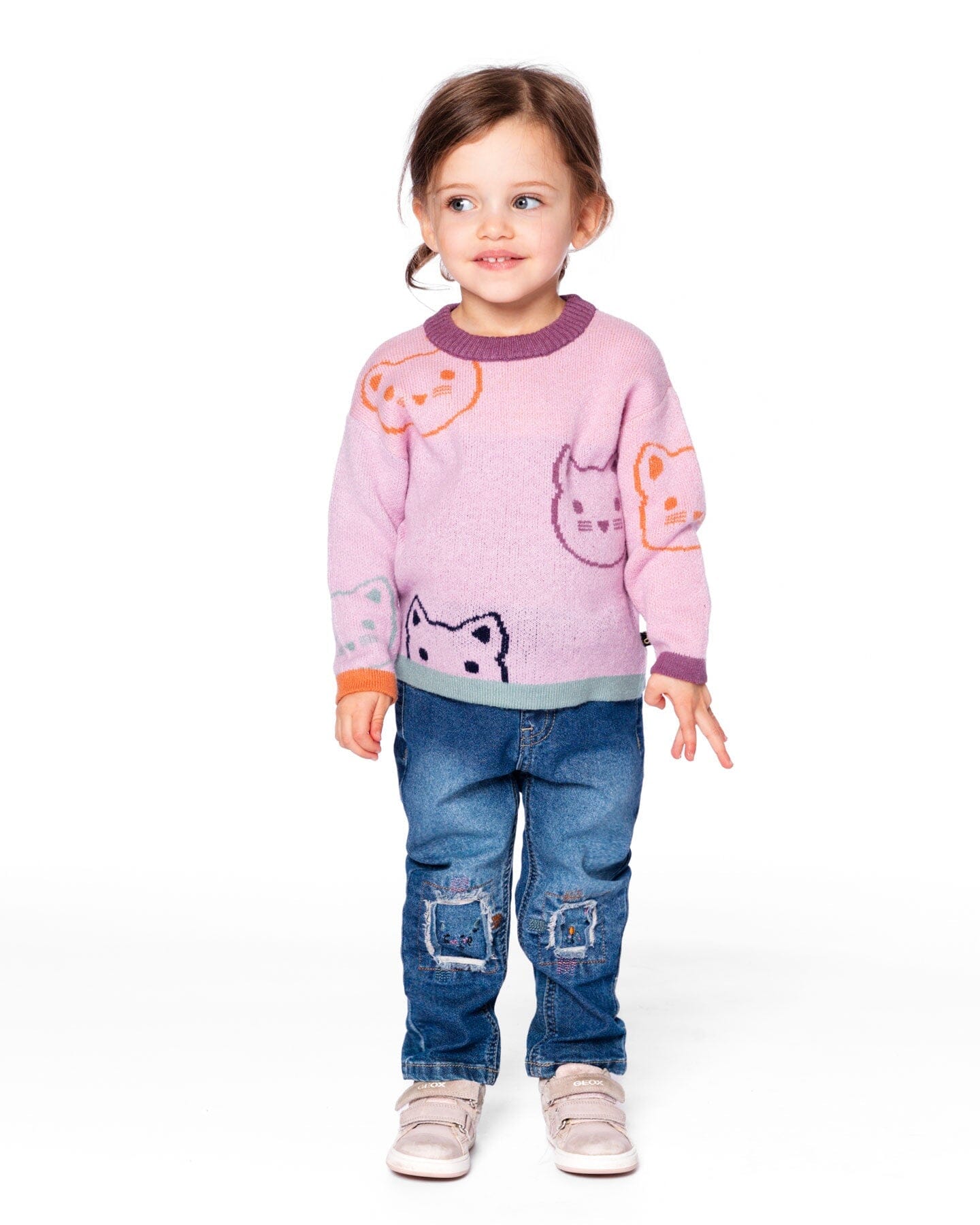 Knit Jacquard Sweater Dusty Pink With Cats - H20ET72_514