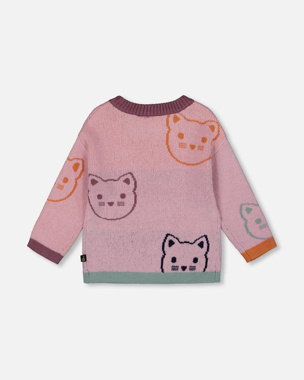 Knit Jacquard Sweater Dusty Pink With Cats - H20ET72_514