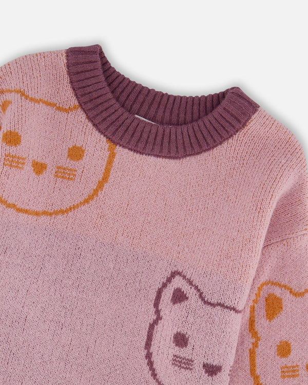Knit Jacquard Sweater Dusty Pink With Cats - H20ET72_514