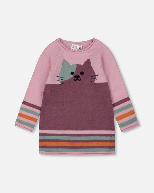 Knitted Dress Dusty Pink With Cat - H20ET85_514