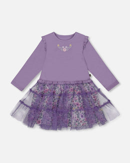 Bi-Material Dress With Muslin And Mesh Skirt Purple Gray - H20F89_547