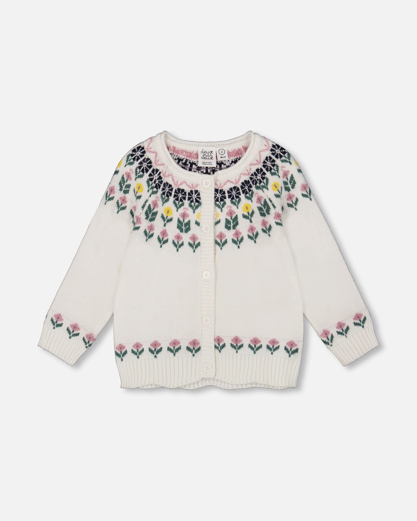 Jacquard Knit Cardigan Off-White With Floral Pattern - Deux par Deux