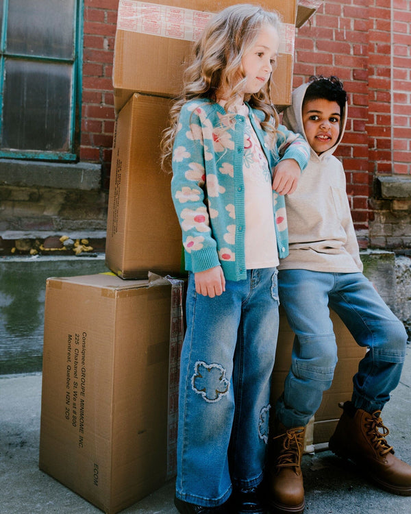 Wide Leg Stretch Light Blue Denim Jeans With Flower Stitching - H20G20_125