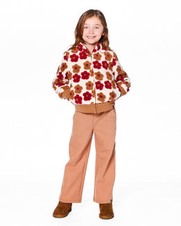 Full Zip Sherpa Jacket With Jacquard Floral Pattern Beige And Red - H20G52_000