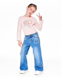 Organic Cotton Long Sleeve T-Shirt Light Pink With Big Flowers - H20G70_604