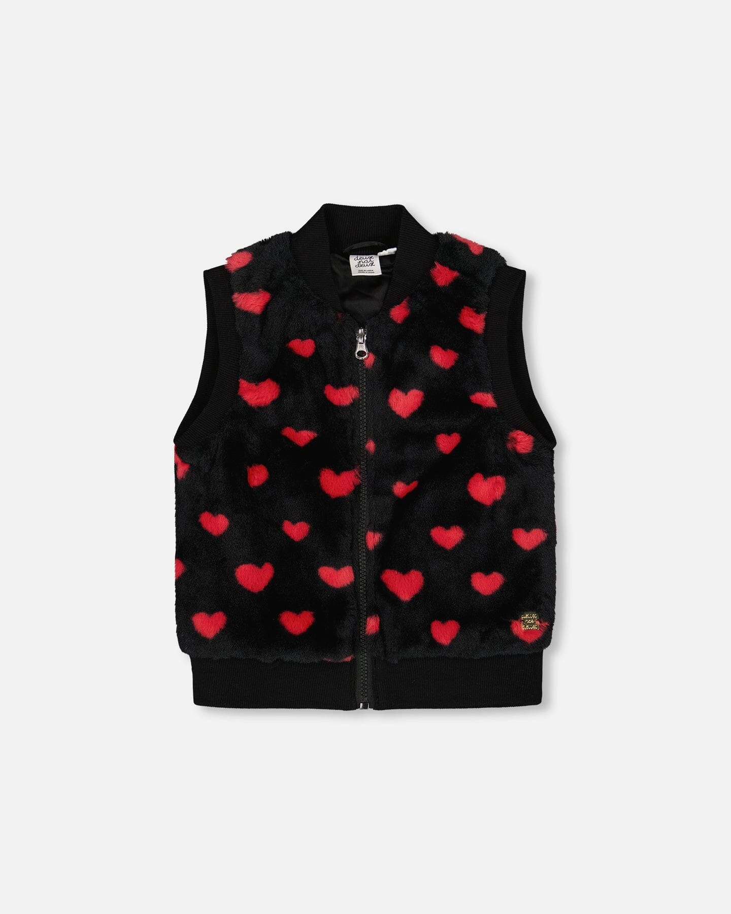 Faux Fur Sleeveless Vest Black And Red With Hearts - Deux