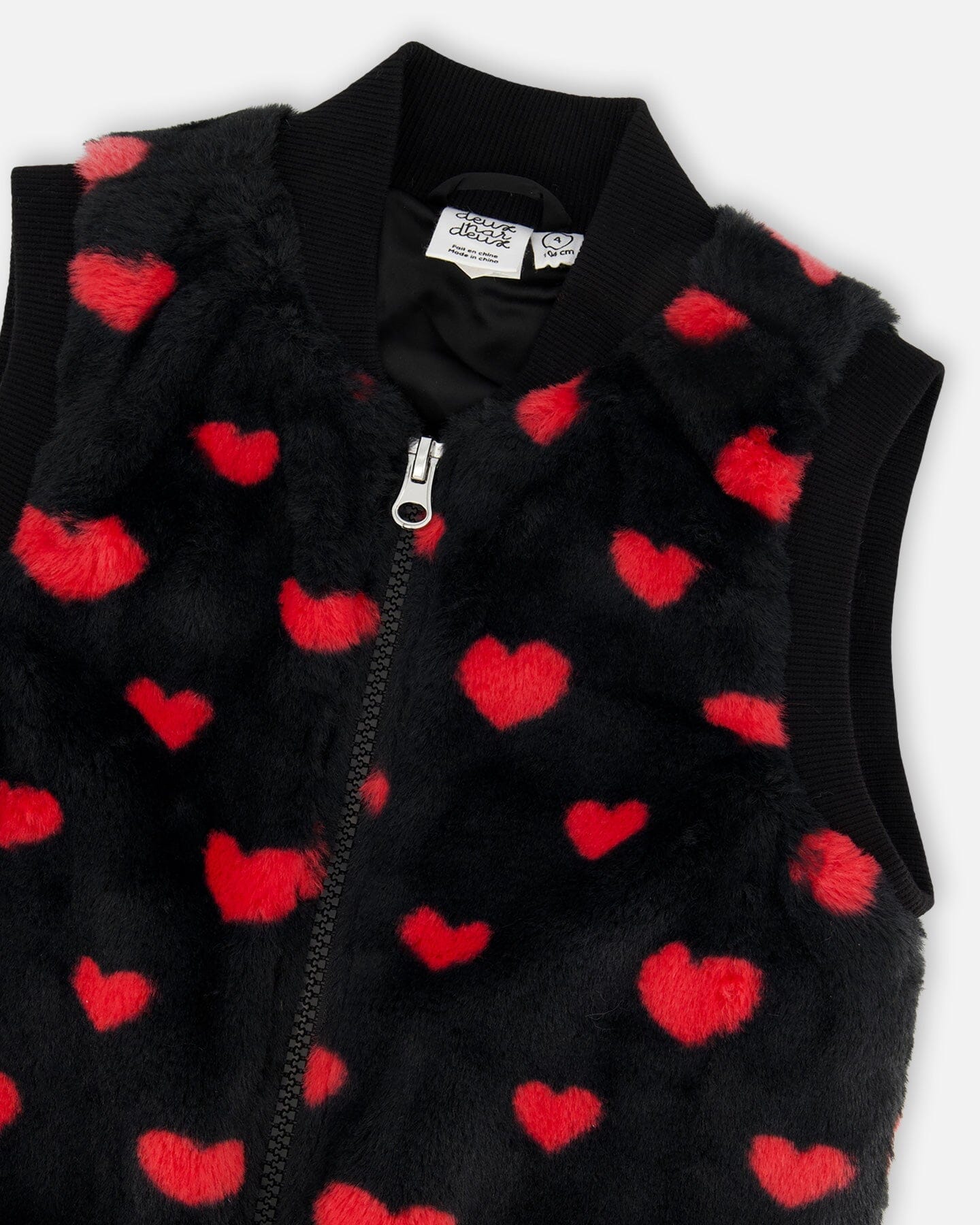 Faux Fur Sleeveless Vest Black And Red With Hearts - Deux