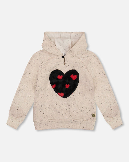 Glittering Beige French Terry Hoodie With Heart Applique - H20H31_000