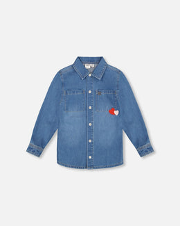 Denim Shirt Light Blue With Patch Pockets And Apple Patch - H20I15_125