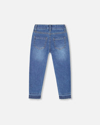 Jeans Blue Denim With Frayed Hems And Floral Embroideries - H20J21_123