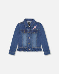 Denim Jacket Blue With Ruffle Hem And Floral Embroidery - H20J50_123