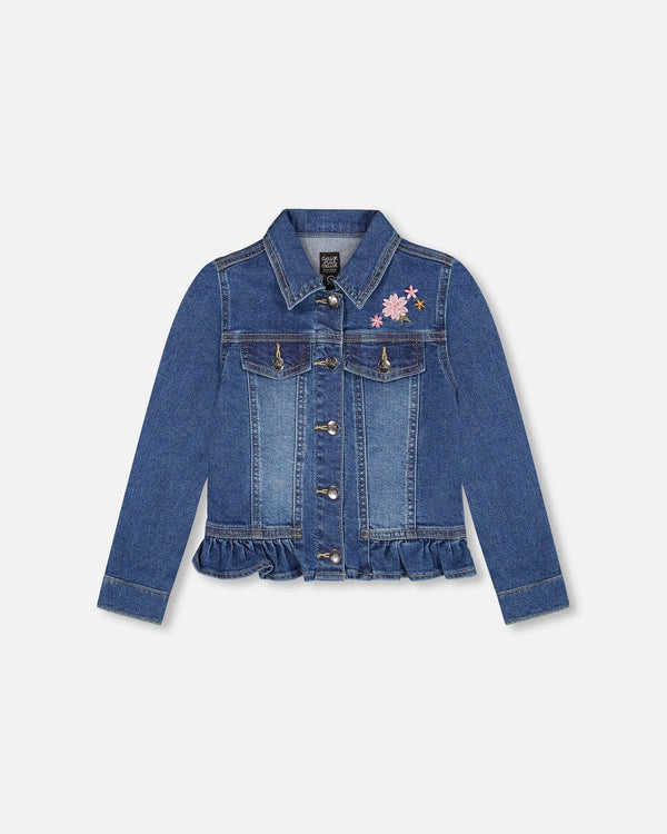 Denim Jacket Blue With Ruffle Hem And Floral Embroidery - H20J50_123