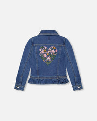 Denim Jacket Blue With Ruffle Hem And Floral Embroidery - H20J50_123