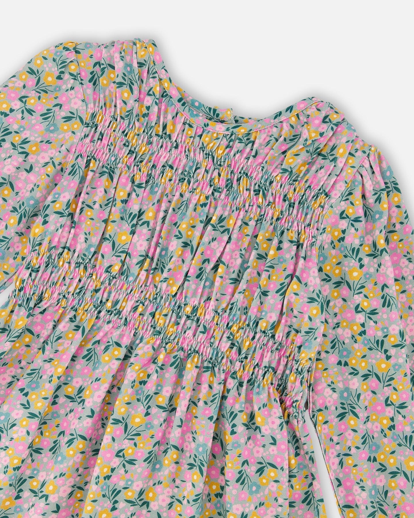 Smocked Viscose Dress Green With Floral Print - H20J87_074