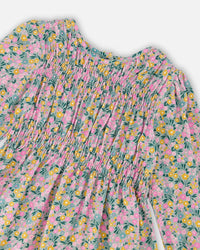 Smocked Viscose Dress Green With Floral Print - H20J87_074