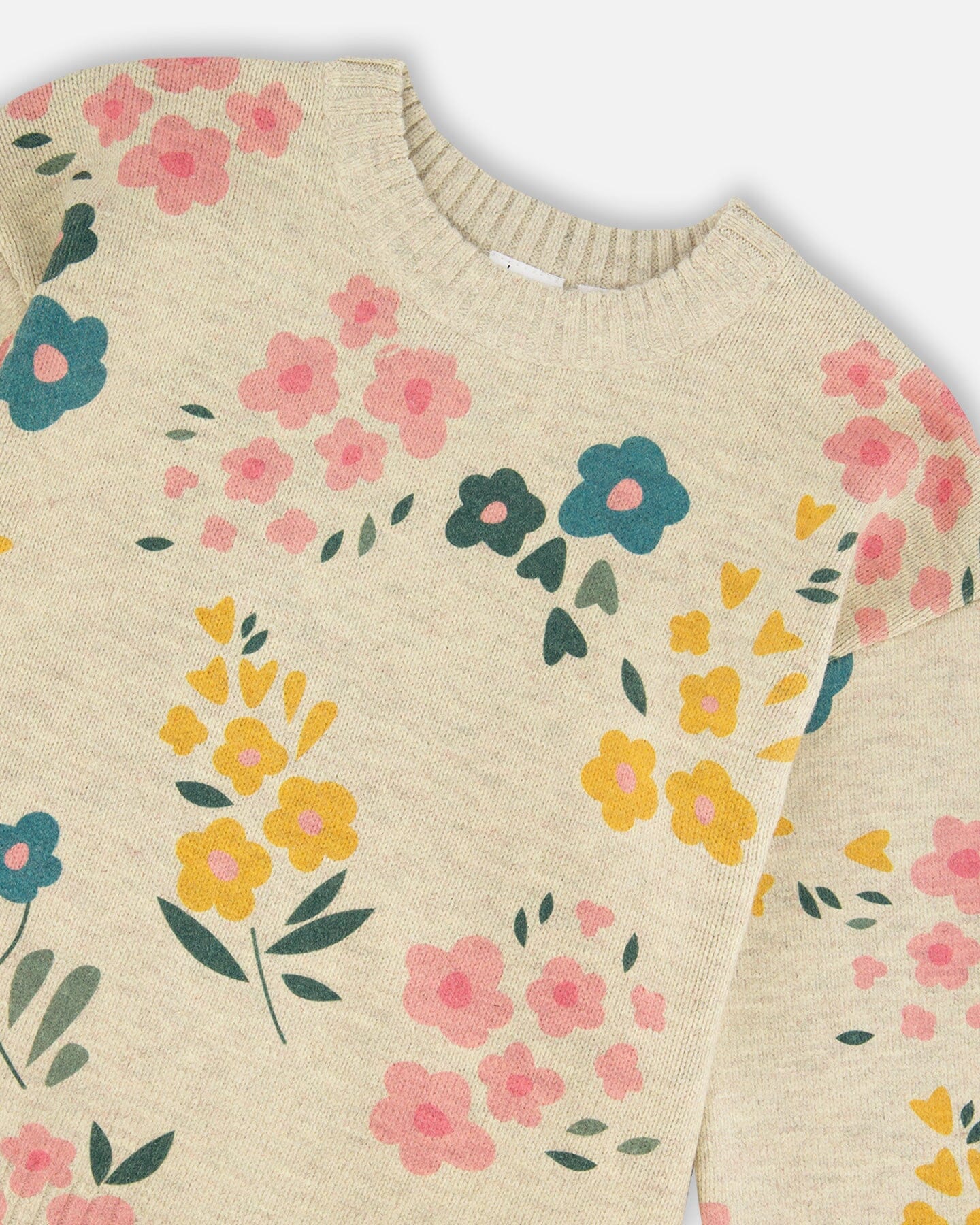 Knitted Sweater Heather Beige Gray With Floral Print - H20JT72_193