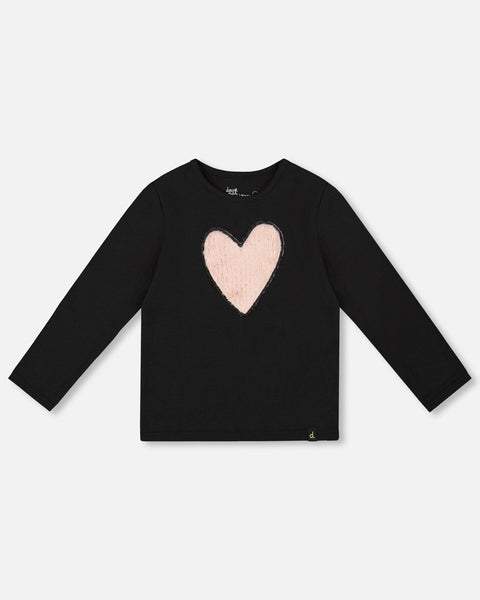 Organic Cotton Long Sleeve T-Shirt Black With Heart - Deux par Deux