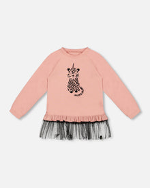 Long Bi-Material Top Dusty Pink With Mesh Ruffle Hem And Leopard Print - H20K76_650