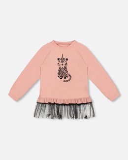 Long Bi-Material Top Dusty Pink With Mesh Ruffle Hem And Leopard Print - H20K76_650