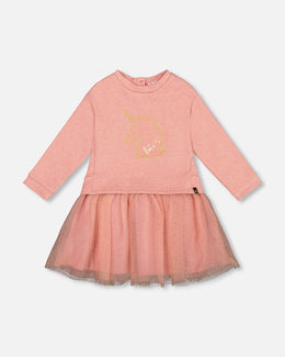 Bi-Material Dress Dusty Pink With Mesh Skirt And Unicorn - H20K87_681
