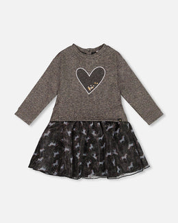Bi-Material Dress Black With Mesh Skirt And Heart - H20K87_999