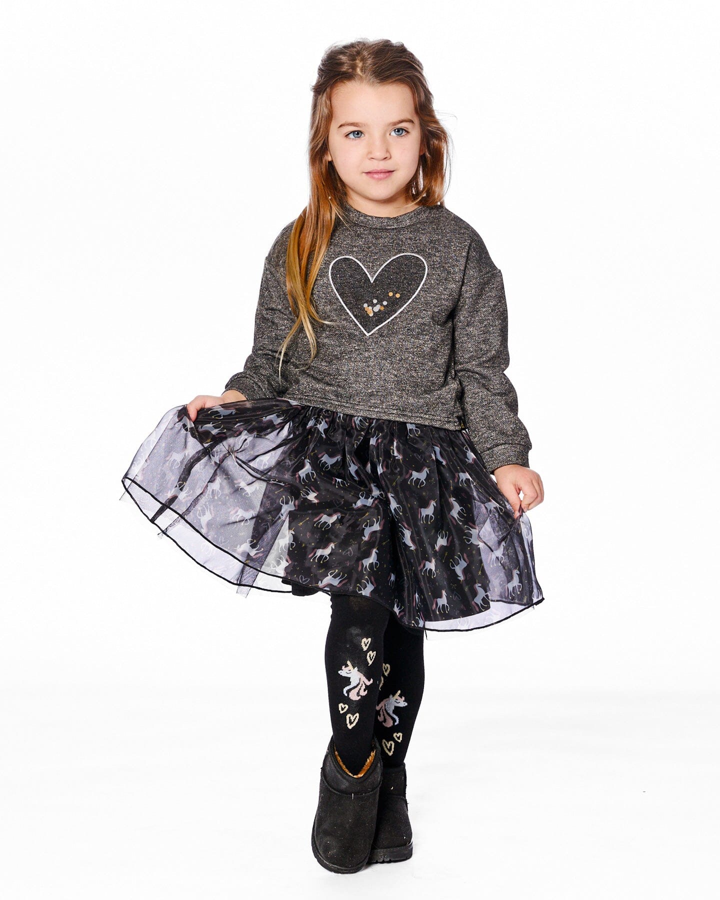 Bi-Material Dress Black With Mesh Skirt And Heart - H20K87_999