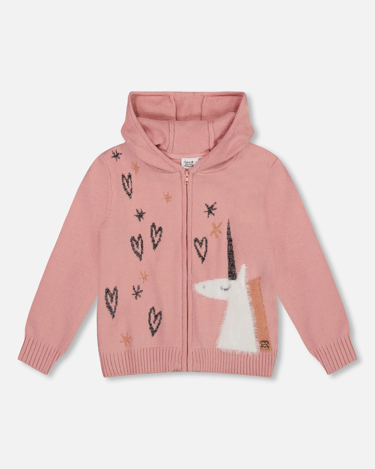 Hooded Knit Cardigan Dusty Pink With Unicorn Intarsia - H20KT31_650