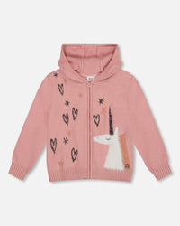 Hooded Knit Cardigan Dusty Pink With Unicorn Intarsia - H20KT31_650